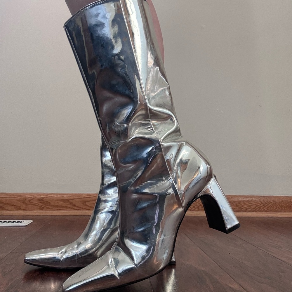 Zara Metallic Silver Pointed-Toe Mid-Calf Heeled Boots
